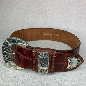 Vintage Adoppia Vita Leather Belt Wide Embossed-Bourbon Brown/Silver-Women’s 28